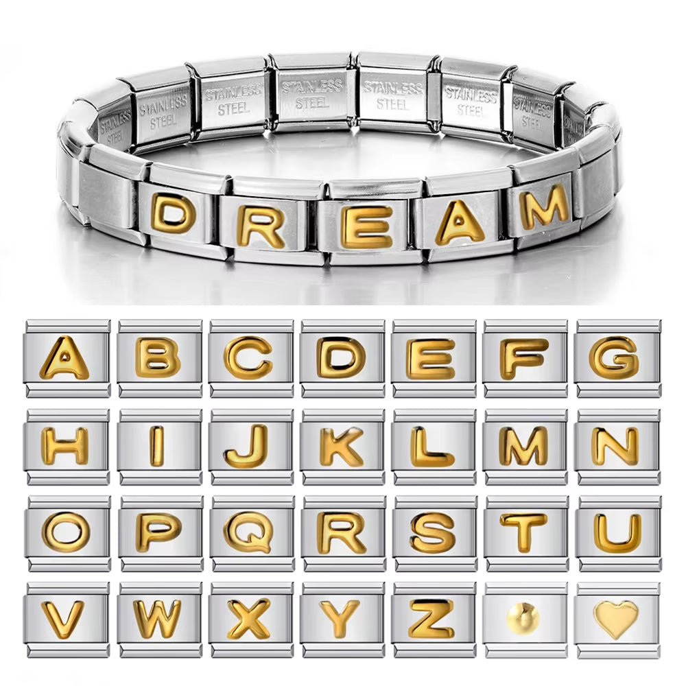 2024 New Fashion 26 English Letters Italian Charm Links Fit 9Mm Stainless Steel Bracelet Making Women Jewelry Chain