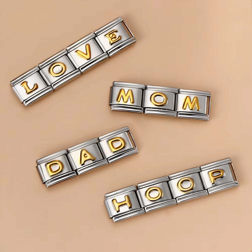 2024 New Fashion 26 English Letters Italian Charm Links Fit 9Mm Stainless Steel Bracelet Making Women Jewelry Chain